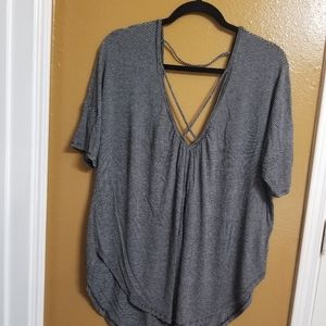 Gray Black Striped V-Neck, Criss Cross Tie, Ruffled